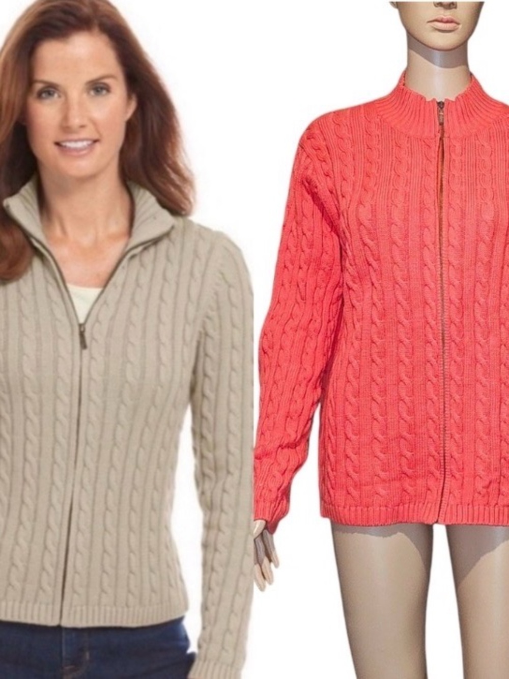 L.L. Bean Women's Cable Zip Sweater - Coral/Pink Preppy Cotton XL